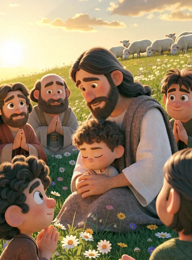 Jesus, sentado numa colina, ensina os amigos a orar; uma criança ora encostada nEle.